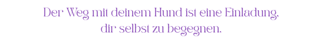 Zitat in violetter Schrift: „Der Weg mit deinem Hund ist eine Einladung, Dir selbst zu begegnen.“ – inspirierende Botschaft über Selbstfindung in der Mensch-Hund-Beziehung