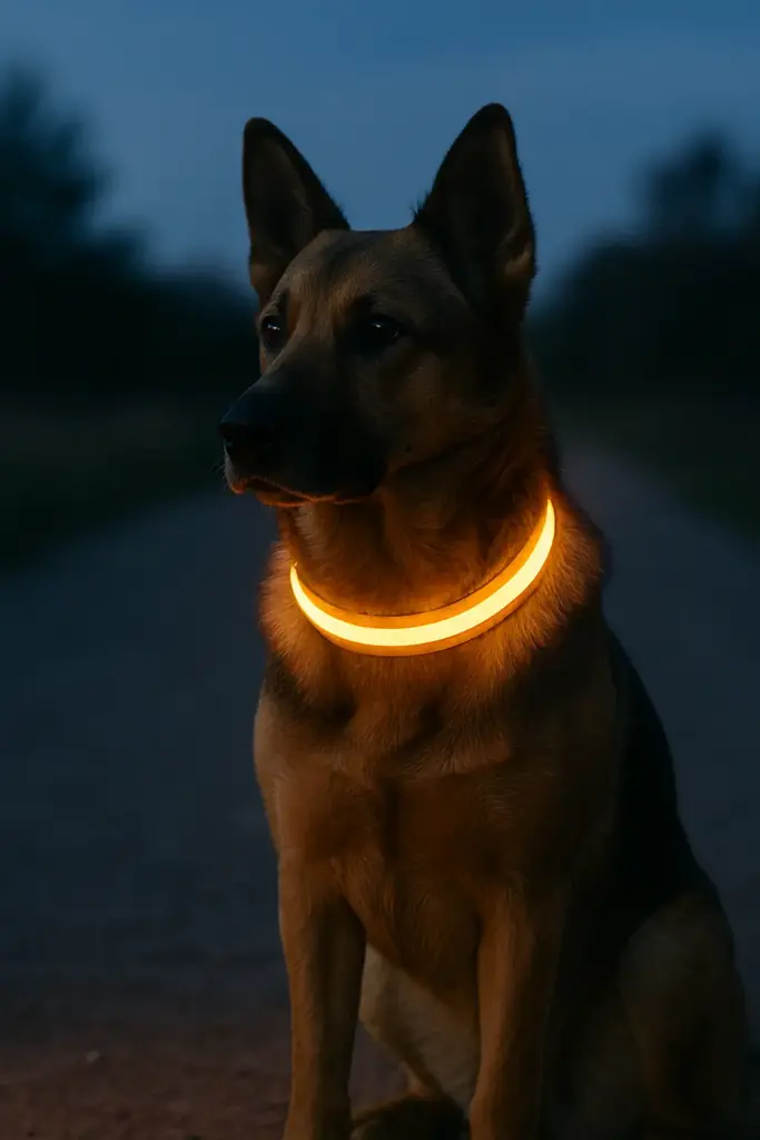 Schäferhund mit leuchtendem LED-Halsband bei Dunkelheit – Symbol für Sicherheit, Sichtbarkeit und achtsamen Umgang mit Tieren.