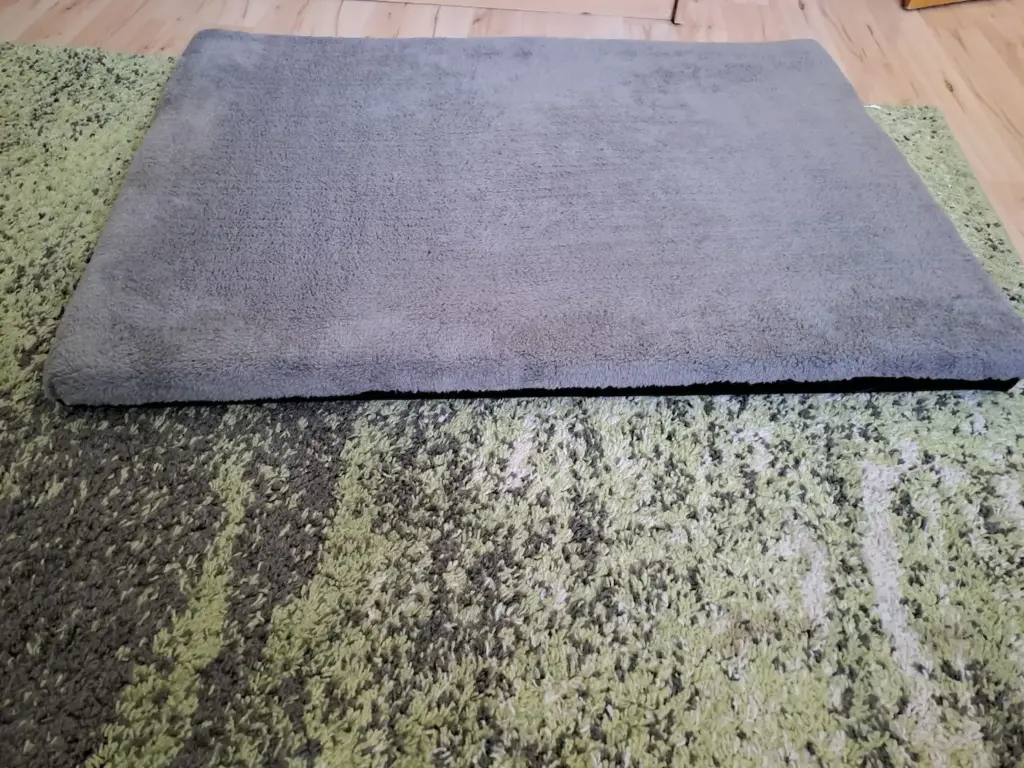 Graue Hundematte auf grünem Teppich – gemütlicher Liegeplatz für Hunde zum Ausruhen und Entspannen.