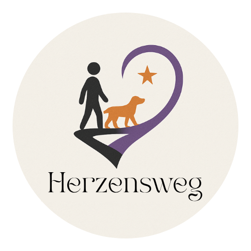 Logo von Herzensweg Manuela Högg: Mensch und Hund auf gemeinsamem Weg in Herzform mit Stern – Symbol für Verbindung, Vertrauen und tiergestützte Begleitung.