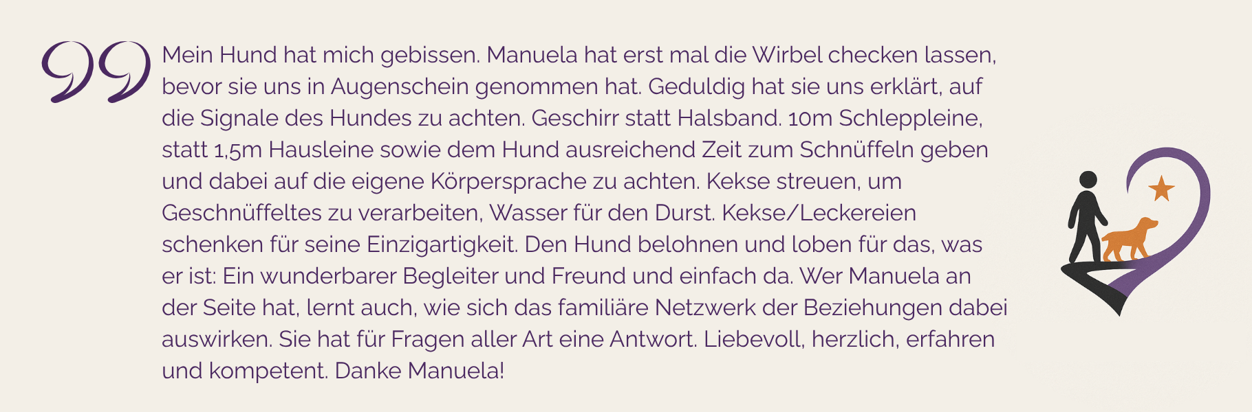 Kundenerfahrung mit Manuela Högg nach Beißvorfall – achtsame Hundebegleitung mit Fokus auf Körpersprache, Beziehung und individuelle Lösungen.
