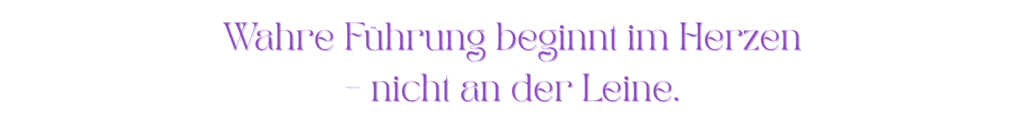 Zitat in violetter Schrift: „Wahre Führung beginnt im Herzen – nicht an der Leine.“ – kraftvolle Botschaft für achtsame Mensch-Hund-Beziehung auf Augenhöhe