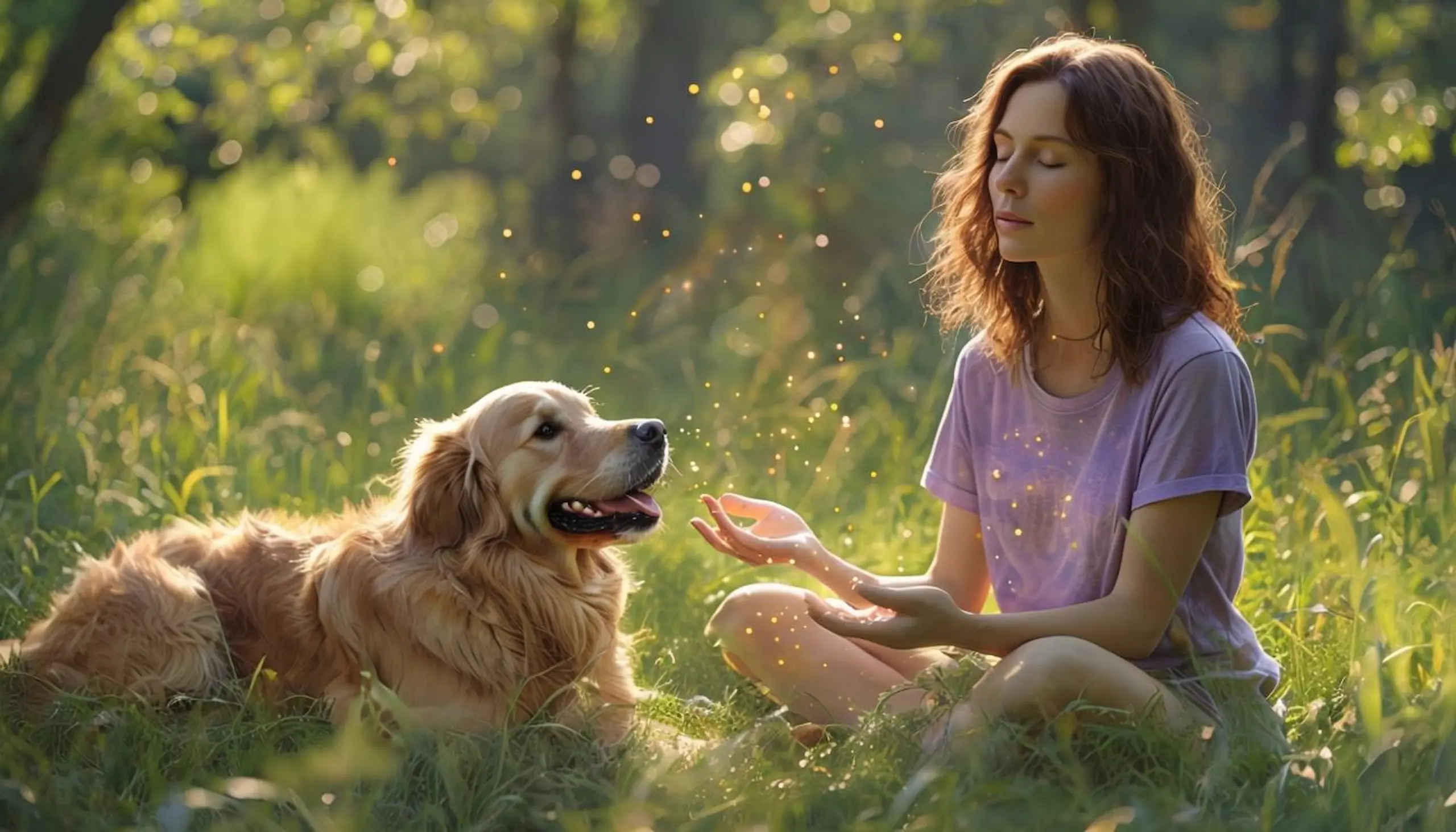Frau sitzt meditativ im Sonnenschein auf einer Wiese, begleitet von einem Golden Retriever – magischer Moment stiller Verbindung zwischen Mensch, Natur und Tierseele.