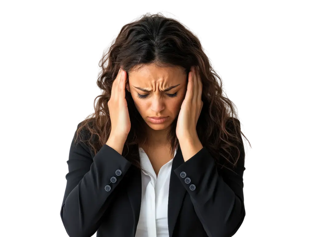 Junge Frau mit langen dunklen Haaren, die gestresst wirkt und sich mit beiden Händen an den Kopf fasst – Symbolbild für Erschöpfung, Stress oder Burn-out vor der energetischen Arbeit mit Manuela Högg