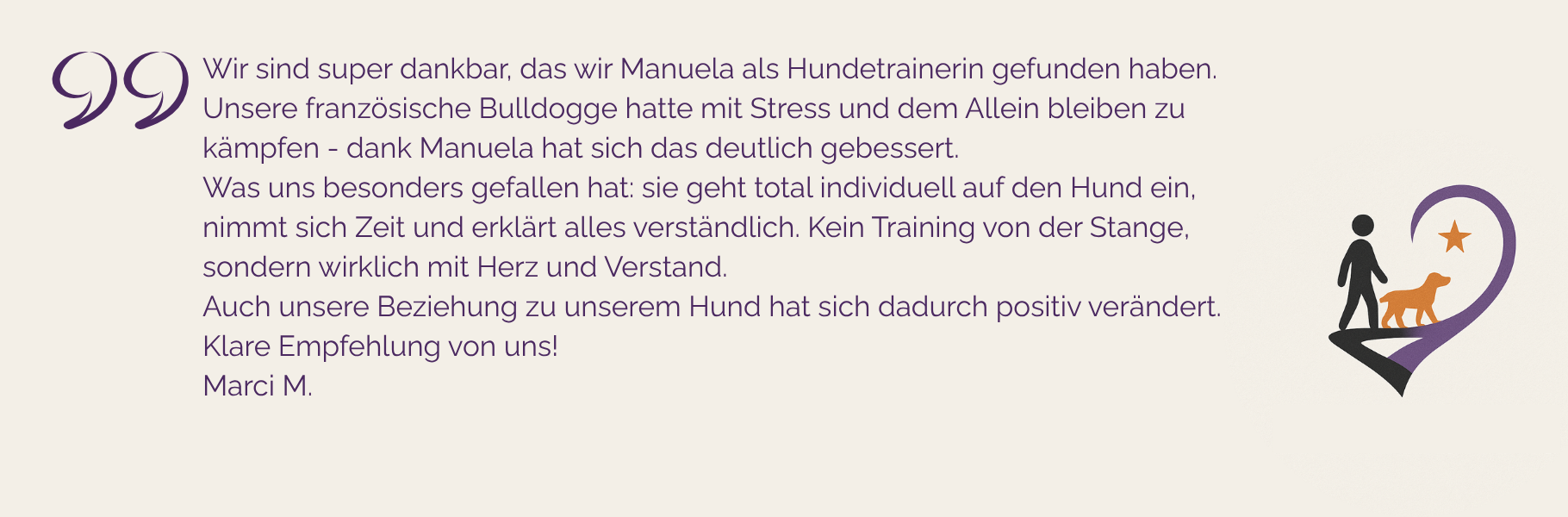 Kundenstimme über Manuela Höggs Hundetraining: individuell, verständlich und mit Herz – klare Empfehlung für Hunde mit Stressproblemen.