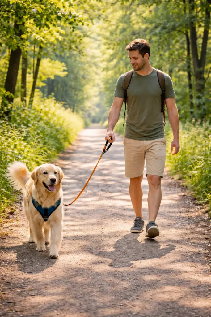 Attraktiver Mann geht mit seinem Golden Retriever an der Leine im Sommerwald spazieren